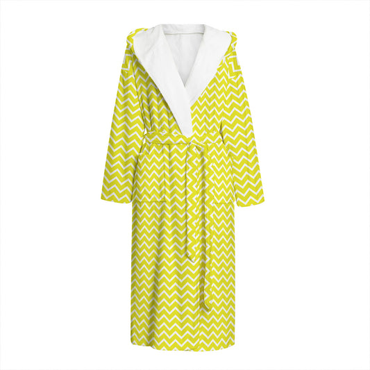 Yellow And White Zigzag Pattern Print Hooded Bathrobe