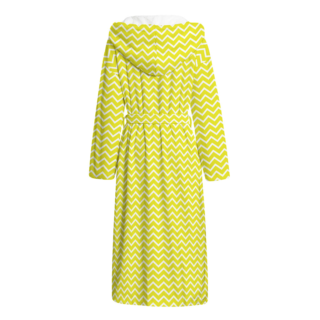 Yellow And White Zigzag Pattern Print Hooded Bathrobe