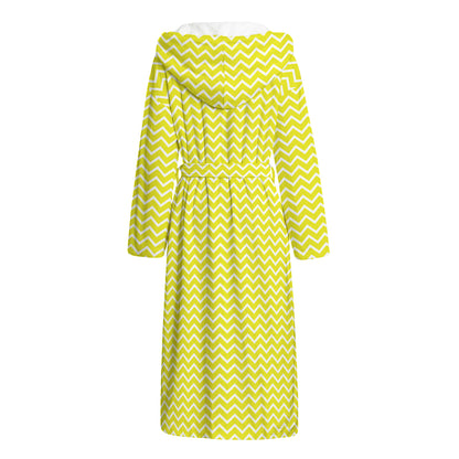 Yellow And White Zigzag Pattern Print Hooded Bathrobe
