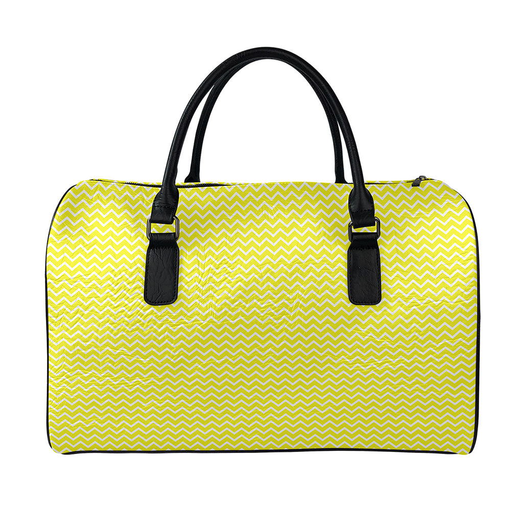 Yellow And White Zigzag Pattern Print Leather Duffle Bag