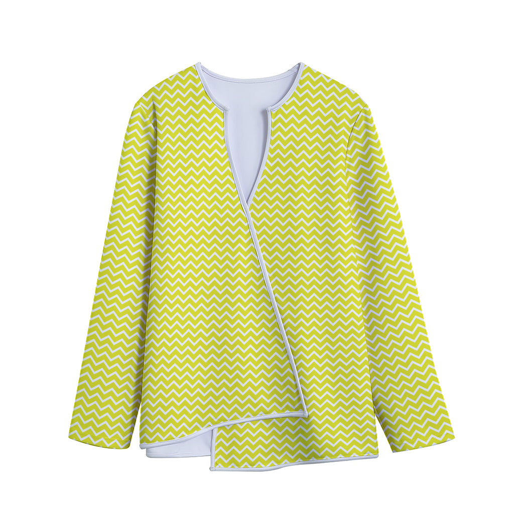 Yellow And White Zigzag Pattern Print Long Sleeve Short Coat