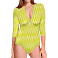 Yellow And White Zigzag Pattern Print Long Sleeve Swimsuit