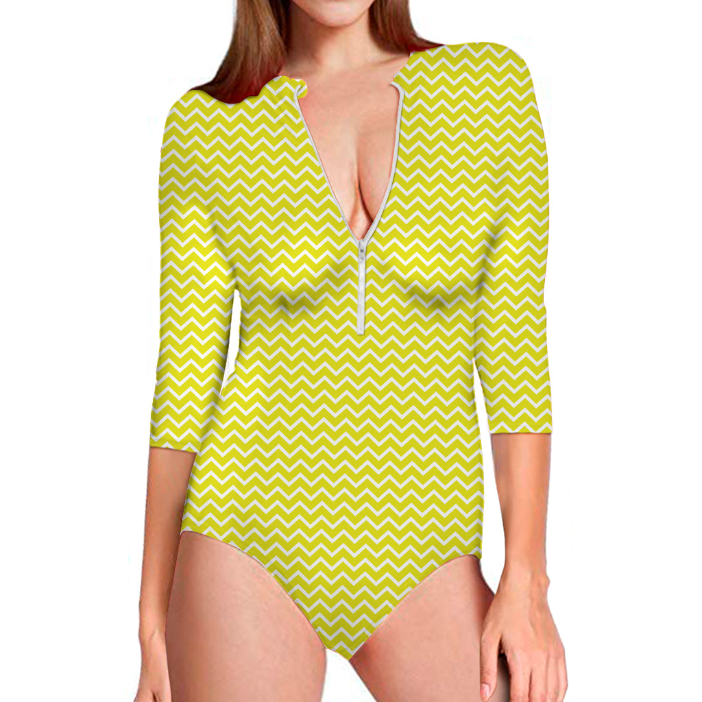 Yellow And White Zigzag Pattern Print Long Sleeve Swimsuit