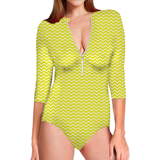 Yellow And White Zigzag Pattern Print Long Sleeve Swimsuit
