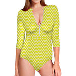 Yellow And White Zigzag Pattern Print Long Sleeve Swimsuit