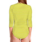 Yellow And White Zigzag Pattern Print Long Sleeve Swimsuit