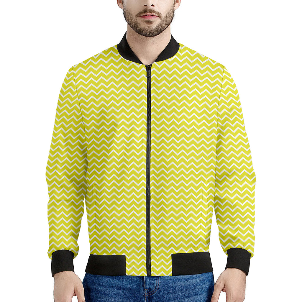 Yellow And White Zigzag Pattern Print Men's Bomber Jacket