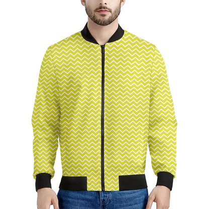 Yellow And White Zigzag Pattern Print Men's Bomber Jacket