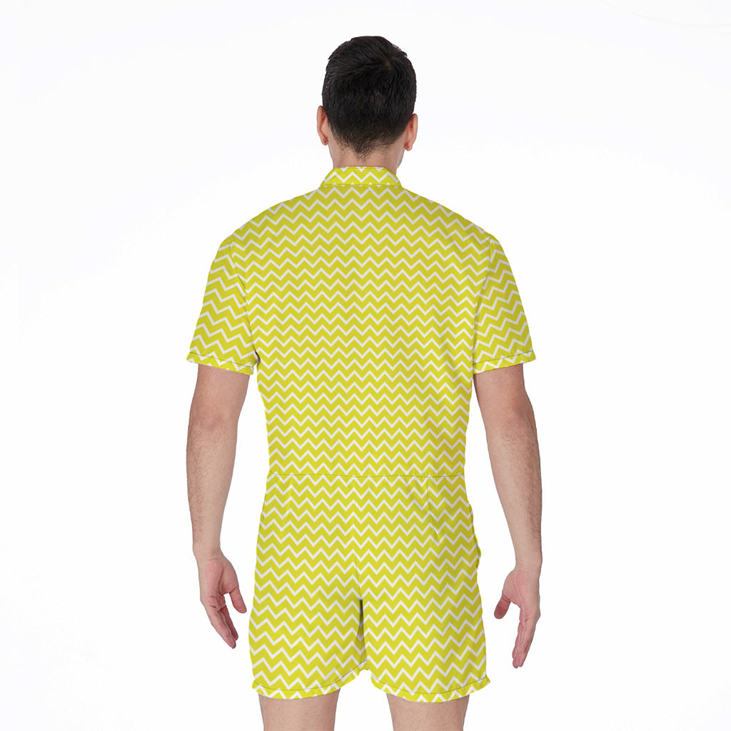 Yellow And White Zigzag Pattern Print Men's Rompers