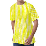 Yellow And White Zigzag Pattern Print Men's Velvet T-Shirt