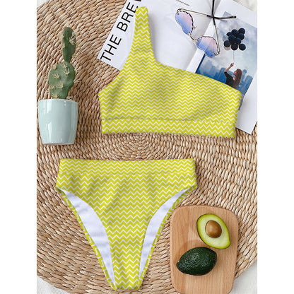 Yellow And White Zigzag Pattern Print One Shoulder Bikini Top