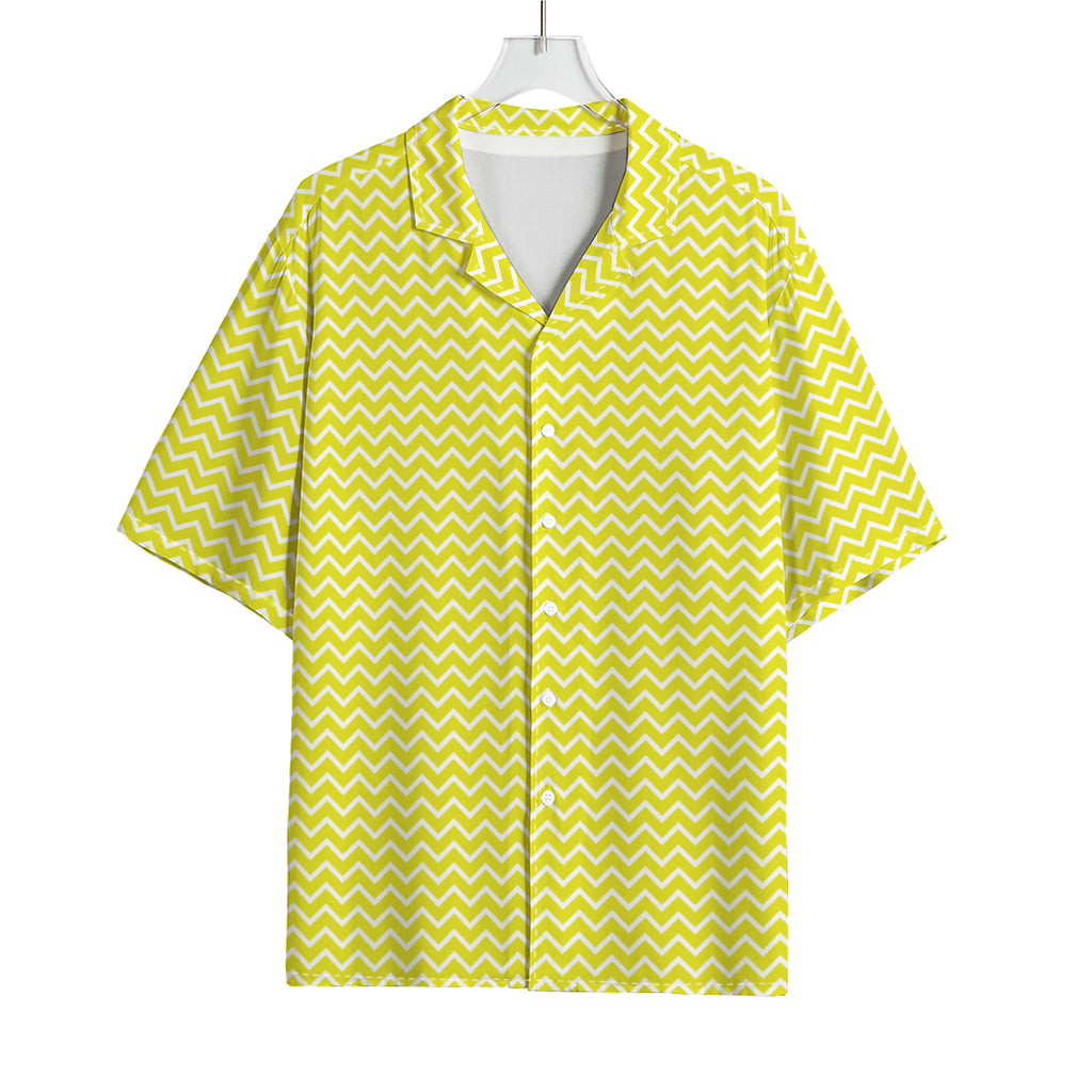 Yellow And White Zigzag Pattern Print Rayon Hawaiian Shirt