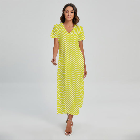 Yellow And White Zigzag Pattern Print Short Sleeve Maxi Dress