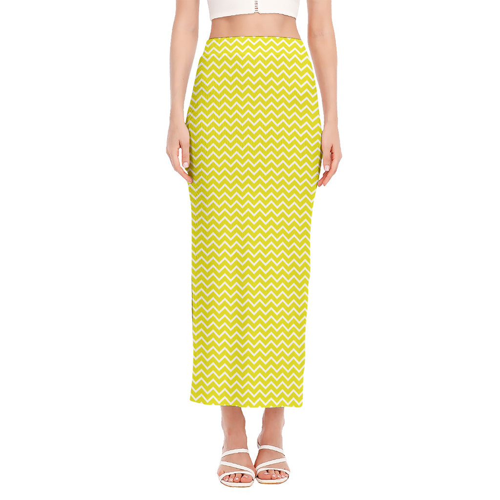 Yellow And White Zigzag Pattern Print Side Slit Maxi Skirt