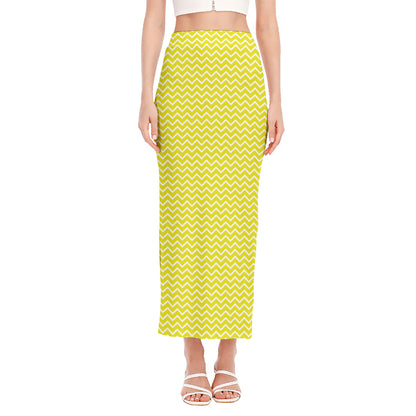 Yellow And White Zigzag Pattern Print Side Slit Maxi Skirt