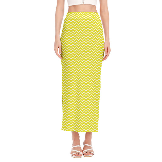 Yellow And White Zigzag Pattern Print Side Slit Maxi Skirt