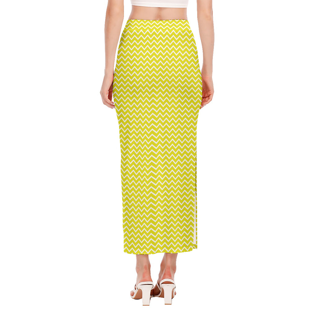 Yellow And White Zigzag Pattern Print Side Slit Maxi Skirt