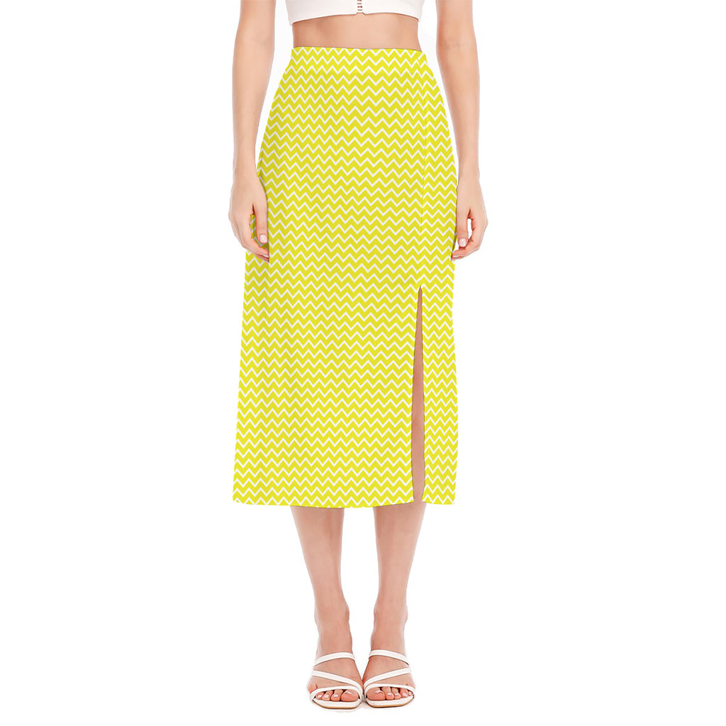 Yellow And White Zigzag Pattern Print Side Slit Midi Skirt