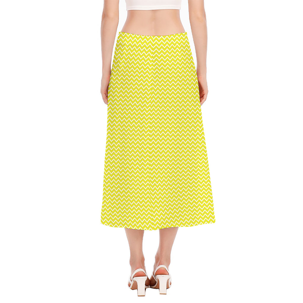 Yellow And White Zigzag Pattern Print Side Slit Midi Skirt