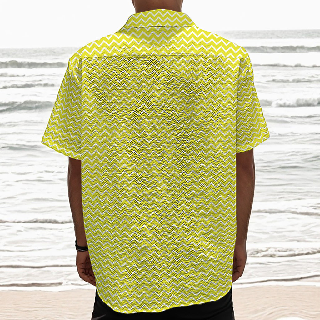 Yellow And White Zigzag Pattern Print Textured Short Sleeve Shirt