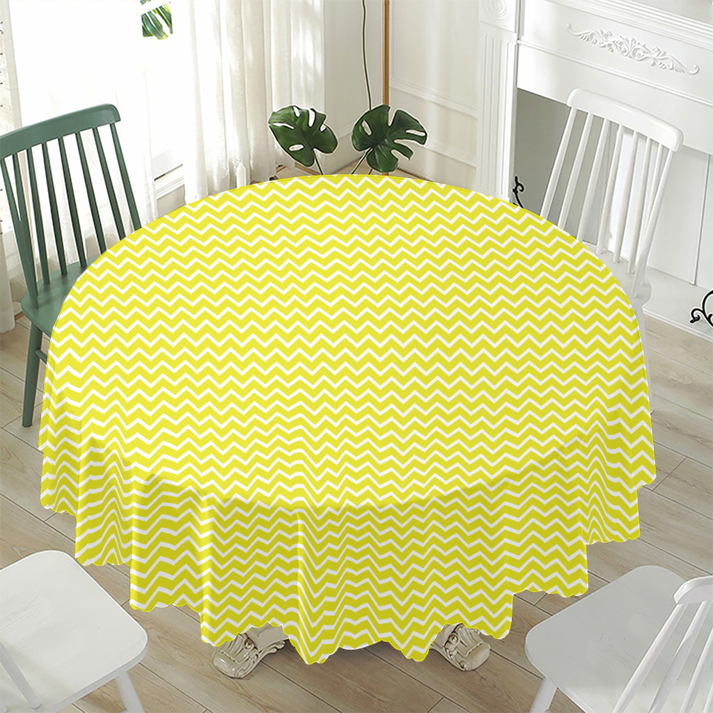 Yellow And White Zigzag Pattern Print Waterproof Round Tablecloth