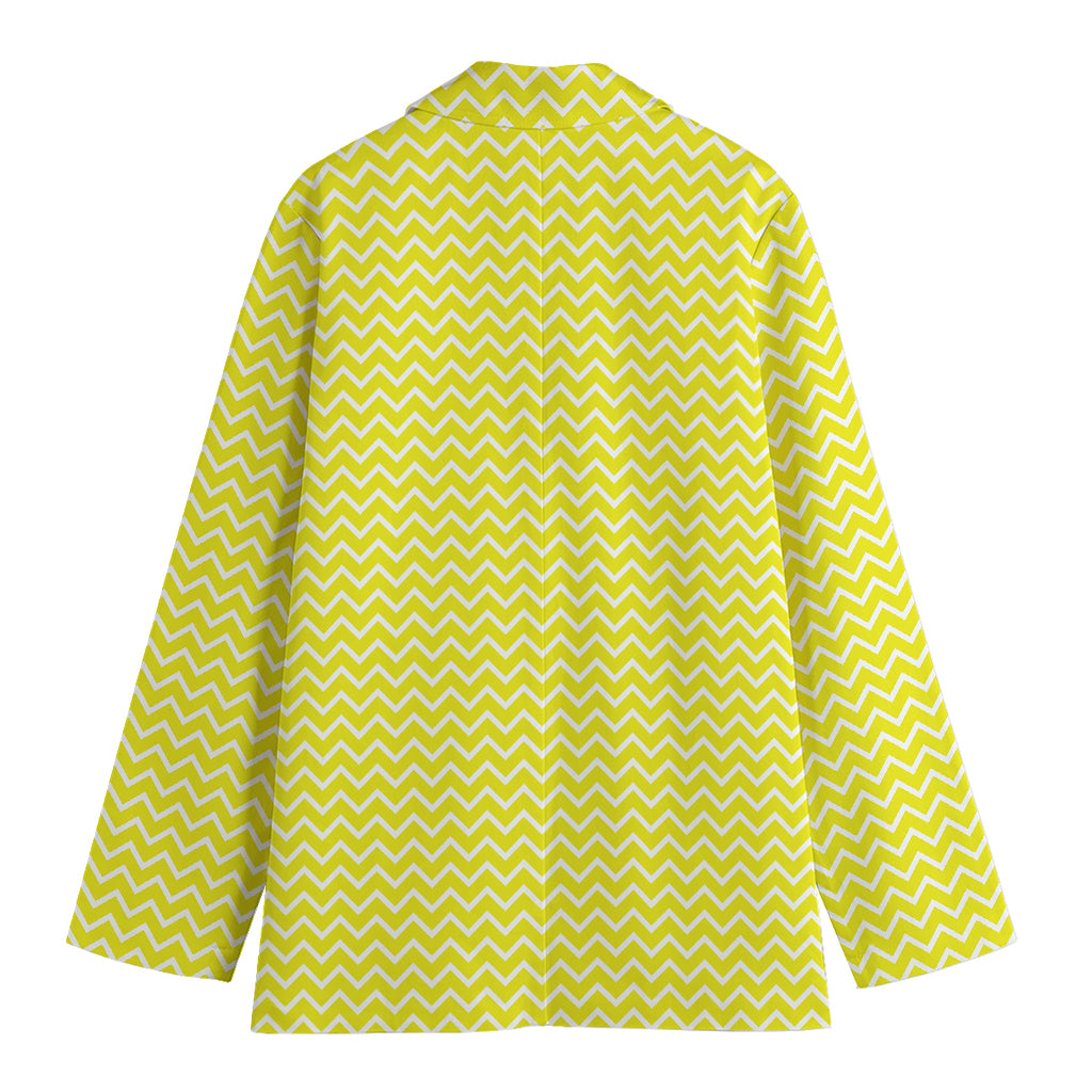 Yellow And White Zigzag Pattern Print Women's Cotton Blazer