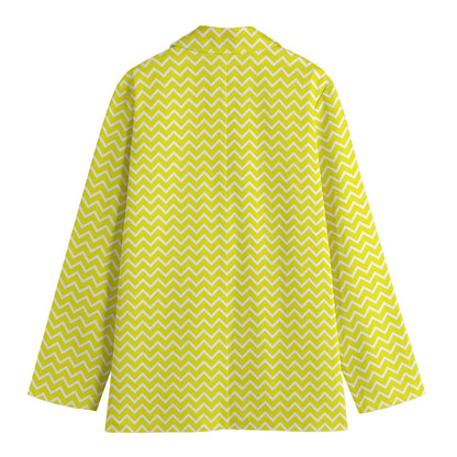 Yellow And White Zigzag Pattern Print Women's Cotton Blazer