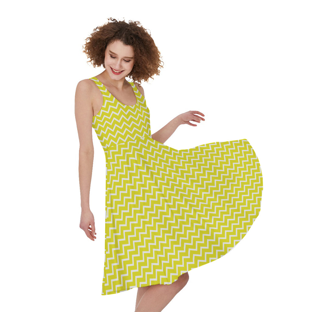 Yellow And White Zigzag Pattern Print Women's Sleeveless Dress