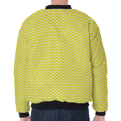 Yellow And White Zigzag Pattern Print Zip Sleeve Bomber Jacket