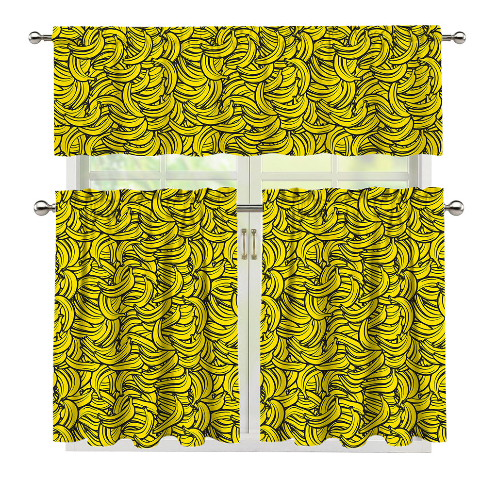Yellow Banana Pattern Print 3 Piece Kitchen Curtains