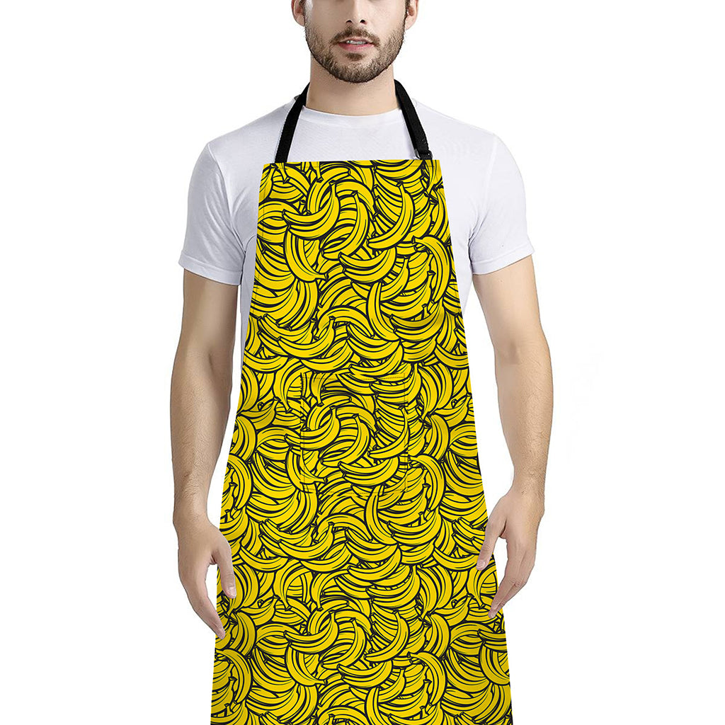 Yellow Banana Pattern Print Bib Apron With Pocket