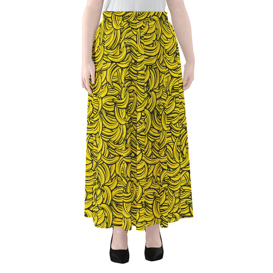 Yellow Banana Pattern Print Chiffon Maxi Skirt