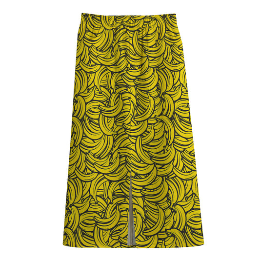 Yellow Banana Pattern Print Cotton Front Slit Maxi Skirt