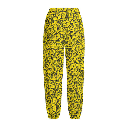 Yellow Banana Pattern Print Fleece Lined Knit Pants