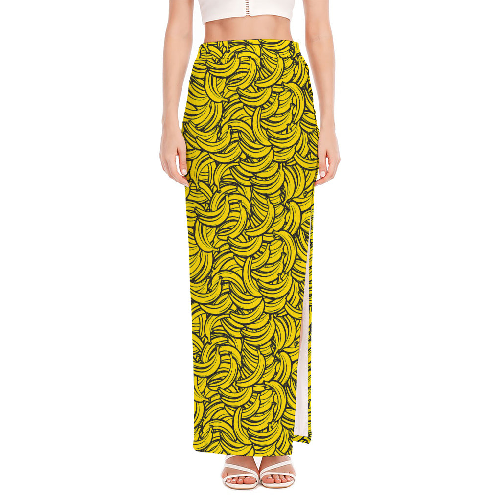 Yellow Banana Pattern Print High Slit Maxi Skirt