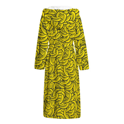 Yellow Banana Pattern Print Hooded Bathrobe