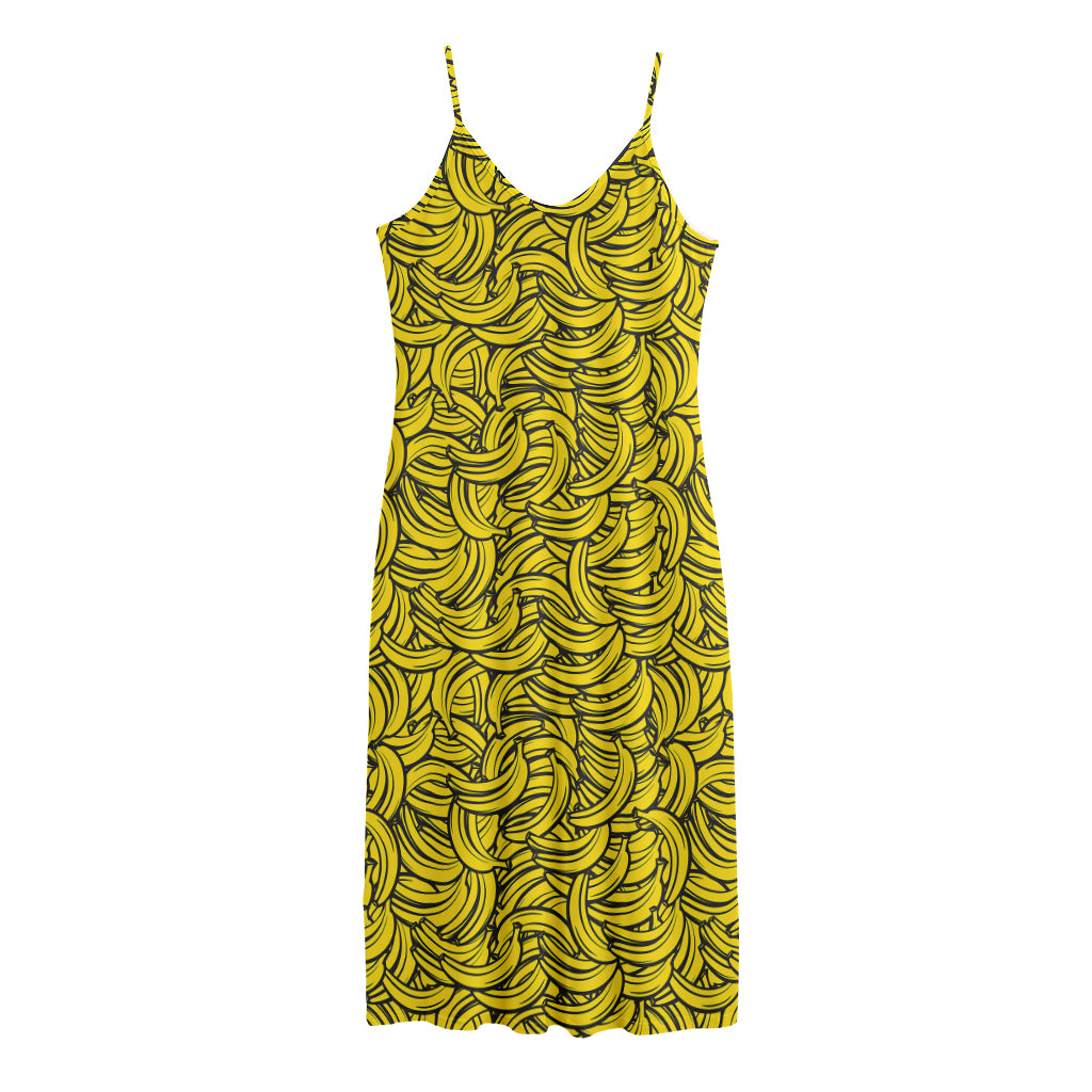 Yellow Banana Pattern Print Jersey Midi Cami Dress