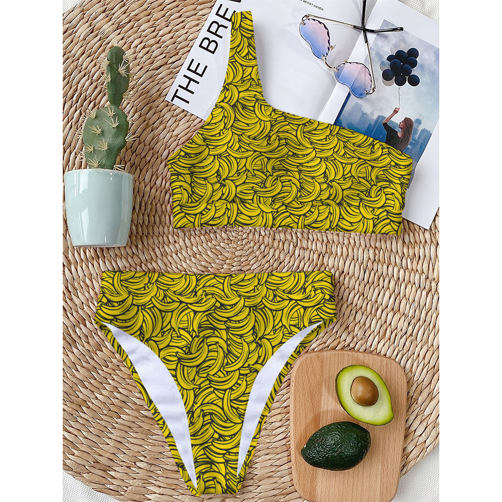Yellow Banana Pattern Print One Shoulder Bikini Top