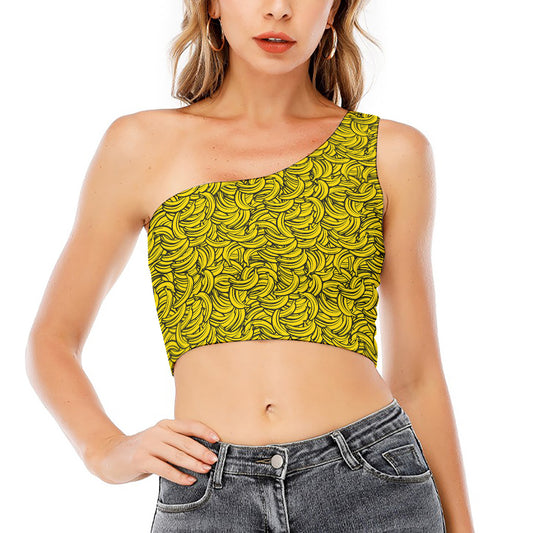 Yellow Banana Pattern Print One Shoulder Crop Top