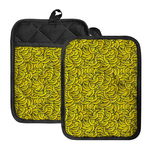 Yellow Banana Pattern Print Pot Holders With Pocket