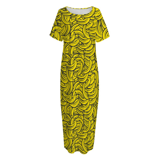 Yellow Banana Pattern Print Short Sleeve Long Nightdress