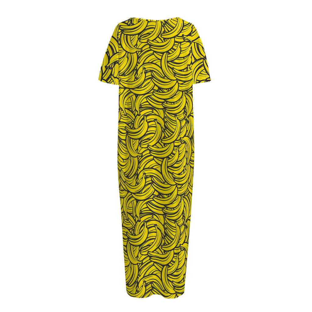 Yellow Banana Pattern Print Short Sleeve Long Nightdress