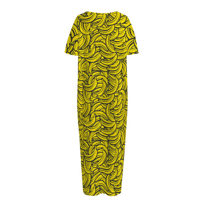 Yellow Banana Pattern Print Short Sleeve Long Nightdress