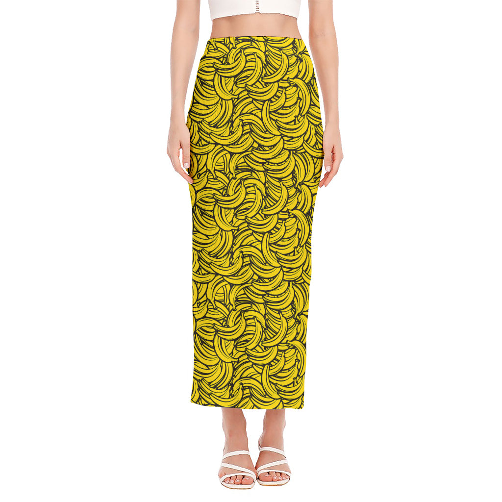 Yellow Banana Pattern Print Side Slit Maxi Skirt