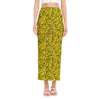 Yellow Banana Pattern Print Side Slit Maxi Skirt