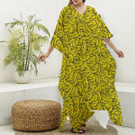 Yellow Banana Pattern Print Silk V-Neck Kaftan Dress