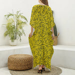 Yellow Banana Pattern Print Silk V-Neck Kaftan Dress