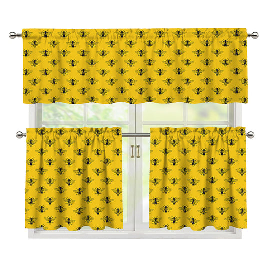 Yellow Bee Pattern Print 3 Piece Kitchen Curtains