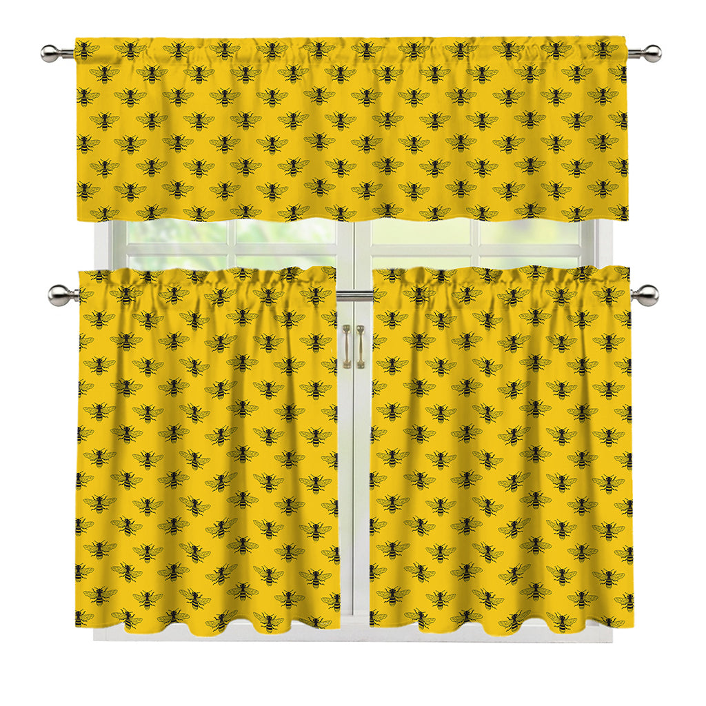 Yellow Bee Pattern Print 3 Piece Kitchen Curtains
