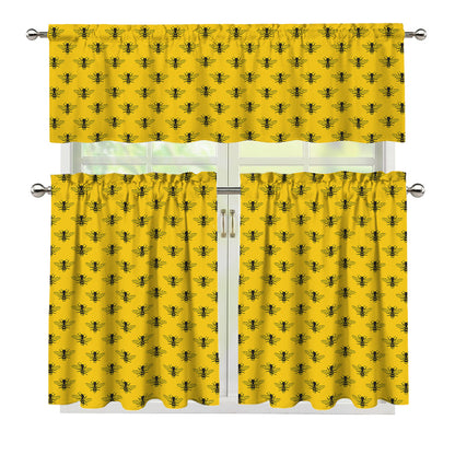 Yellow Bee Pattern Print 3 Piece Kitchen Curtains